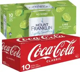 Coles Coca-Cola, Fanta or Sprite Soft Drink or Mt Franklin Sparkling Water 10x375mL offer