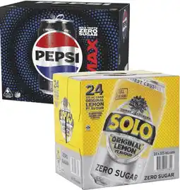 Coles Pepsi Max or Solo Zero Sugar Soft Drink 24x375mL offer