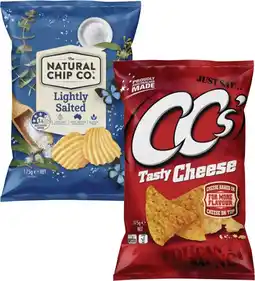 Coles CC's Corn Chips or Natural Chip Co. Potato Chips 175g offer