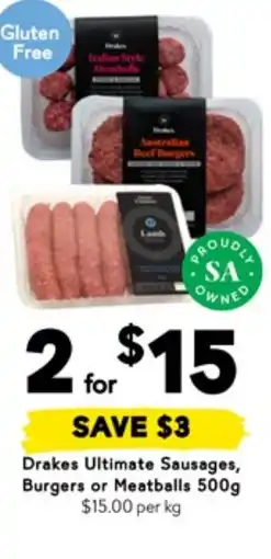 Drakes Drakes ultimate sausages, burgers or meatballs offer