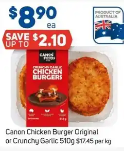 Foodland Canon chicken burger original or crunchy garlic offer