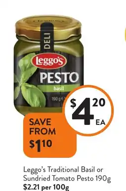 Foodworks Leggo's Traditional Basil or Sundried Tomato Pesto offer