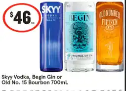 IGA Liquor Skyy Vodka, Begin Gin or Old No. 15 Bourbon offer
