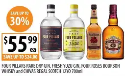 Supabarn Four pillars rare dry gin, fresh yuzu gin, four roses bourbon whisky and chivas regal scotch offer