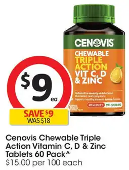 Coles Cenovis Chewable Triple Action Vitamin C, D & Zinc Tablets offer