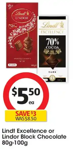 Coles Lindt Excellence or Lindor Block Chocolate offer