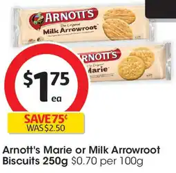 Coles Arnott's Marie or Milk Arrowroot Arnott's Marie or Milk Arrowroot Biscuits 250g $0.70 per 100g offer
