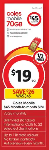 Coles Coles Mobile $45 Month-to-month SIM offer