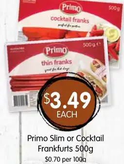 Primo slim or cocktail frankfurts