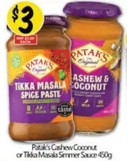 NQR Patak's cashew coconut or tikka masala simmer sauce offer
