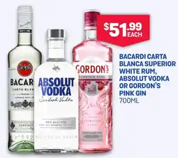 Bacardi carta blanca superior gordon's white rum, absolut vodka