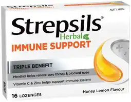 IGA Strepsils Herbal Immune Support Sore Throat Relief Lozenges Honey Lemon 16 Pack offer