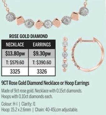 Chrisco Hampers 9CT Rose Gold Diamond Necklace Or Hoop Earrings offer