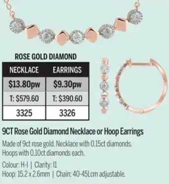 9CT Rose Gold Diamond Necklace Or Hoop Earrings