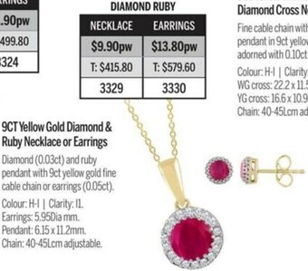 9CT Yellow Gold Diamond & Ruby Necklace Or Earrings