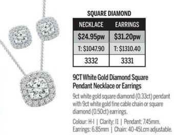 Chrisco Hampers 9Ct White Gold Diamond Square Pendant Necklace Or Earrings offer