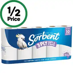 Woolworths Sorbent 3 Ply Toilet Paper Pk 10 offer