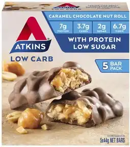 Coles Atkins Low Carb Caramel Chocolate Nut Roll Bars 5 Pack 220g offer