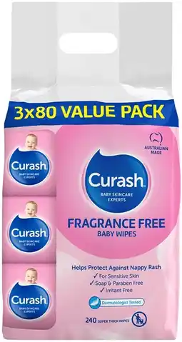 Coles Curash Fragrance Free Sensitive Baby Wipes 240 Pack offer