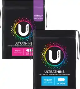 Coles U By Kotex Ultra Thin Pads with Wings Regular 14 Pack or Super 12 Pack offer