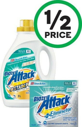 Woolworths Biozet Attack Laundry Liquid 2 Litre or Powder 2 kg offer
