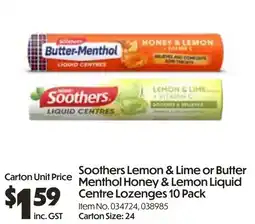 Soothers Lemon & Lime or Butter Menthol Honey & Lemon Liquid Centre Lozenges