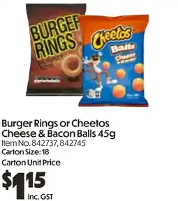 Campbells Wholesale Burger Rings or Cheetos Cheese & Bacon Balls offer