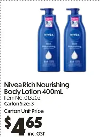 Campbells Wholesale Nivea rich nourishing body lotion offer