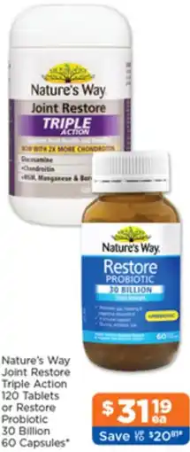Good Price Pharmacy Nature's Way Joint Restore Triple Action or Restore Probiotic 30 Billion offer