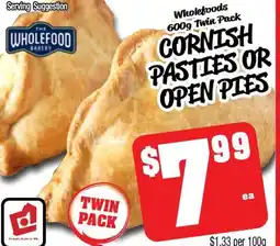 Farmer Jack's Wholefoods twin pack cornish pasties or open pies offer
