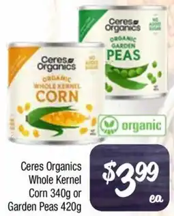 Farmer Jack's Ceres Organics Whole Kernel Corn or Garden Peas offer