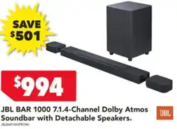 Harvey Norman JBL BAR 1000 7.1.4-Channel Dolby Atmos JBL Soundbar with Detachable Speakers offer