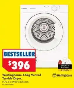 Harvey Norman Westinghouse 4.5kg Vented Tumble Dryer. offer
