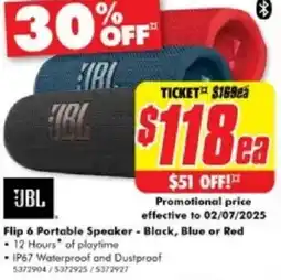 The Good Guys Flip 6 Portable Speaker - Black, Blue or Red offer