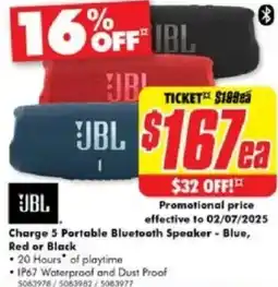The Good Guys Charge 5 Portable Bluetooth Speaker - Blue, Red or Black offer