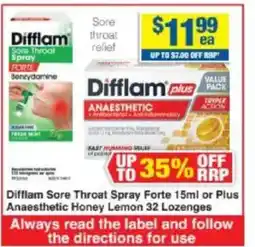 My Chemist Difflam Sore Throat Spray Forte 15ml or Plus Anaesthetic Honey Lemon 32 Lozenges offer