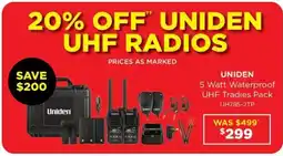 Bing Lee Uniden 5 Watt Waterproof UHF Tradies Pack UH785-2TP offer