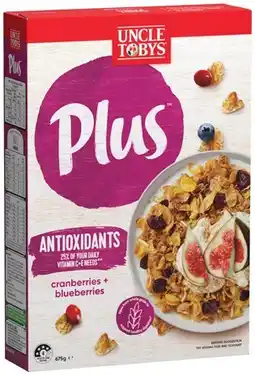 IGA Uncle Tobys Plus Cereal 620‑705g or Natural Style Swiss Blend Muesli 1kg Selected Varieties offer