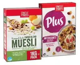 IGA Uncle Tobys Plus Cereal 620‑705g or Natural Style Swiss Blend Muesli 1kg Selected Varieties offer