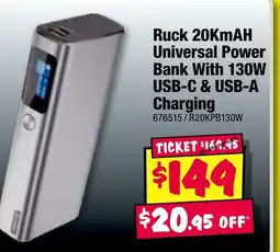 Ruck 20KmAH Universal Power Bank With 130W USB-C & USB-A Charging