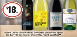Jacob's Creek Double Barrel, De Bortoli Limoncello Spritz, Jim Barry Bros Shiraz or Oyster Bay