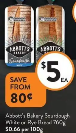 Foodworks Abbott's Bakery Sourdough White or Rye Bread offer