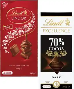 Coles Lindt Excellence or Lindor Block Chocolate 80g-100g offer