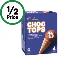 Woolworths Cadbury Choc Tops Ice Cream Cones 400ml Pk 4 – From the Freezer offer