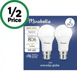Woolworths Mirabella LED GLS Bayonet or Edison Screw 9W 806lm Light Globe Pk 2 offer