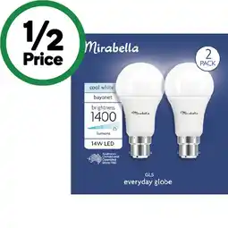 Woolworths Mirabella LED GLS Bayonet or Edison Screw 14W 1400lm Light Globe Pk 2 offer