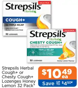 Good Price Pharmacy Strepsils Herbal Cough+ or Chesty Cough+ Lozenges Honey Lemon offer