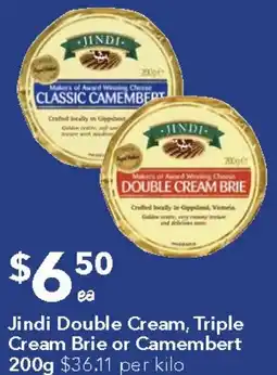 Ritchies Jindi Double Cream, Triple Cream Brie or Camembert $36.11 per kilo offer