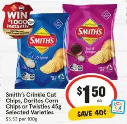IGA Smith's Crinkle Cut Chips, Doritos Corn Chips or Twisties Selected Varieties offer