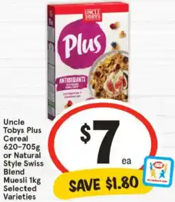 IGA Uncle Tobys Plus Cereal or Natural Style Swiss Blend Muesli Selected Varieties offer